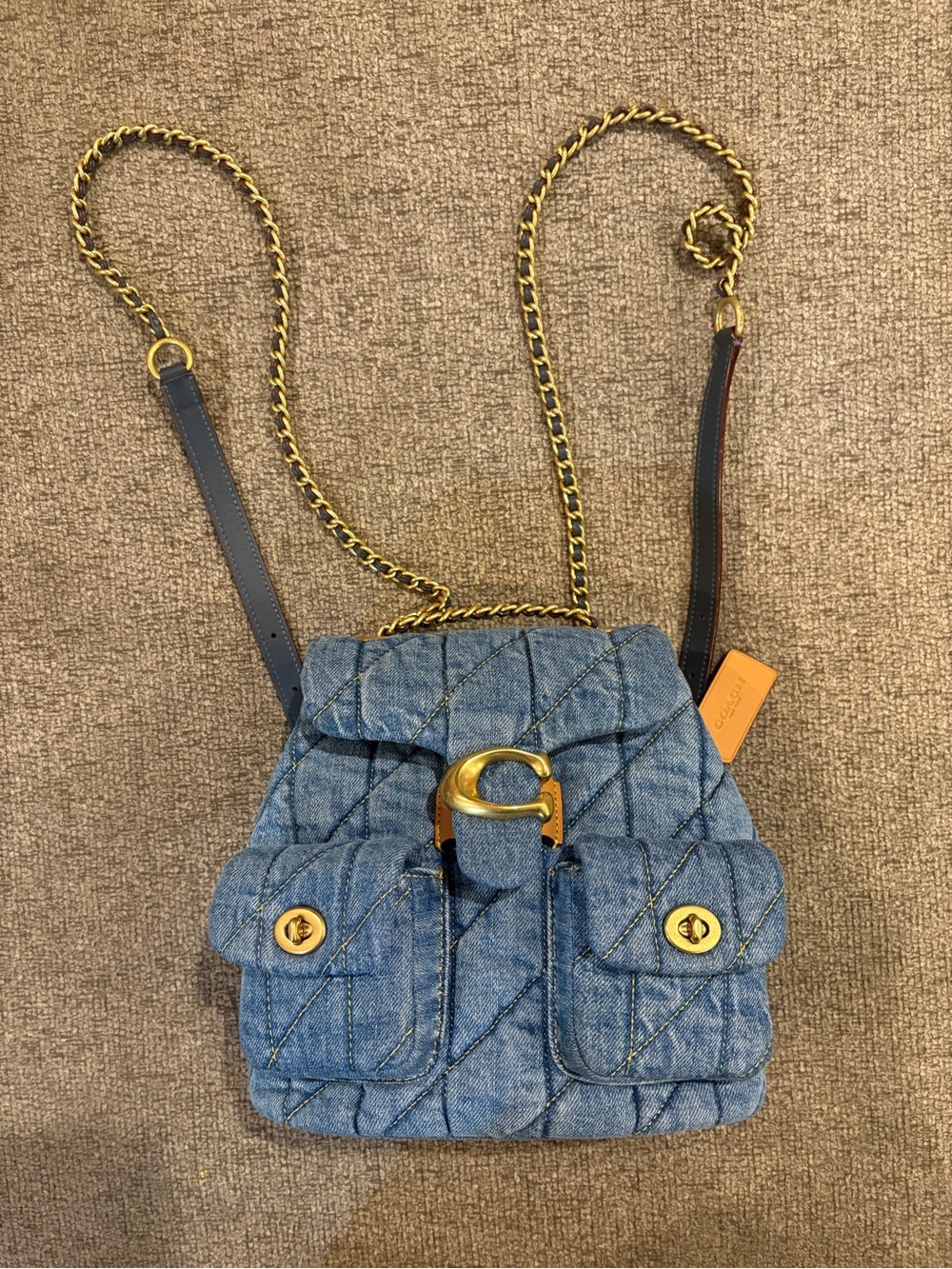 Coach Blue Quilted Denim Backpack with Gold Hardware
